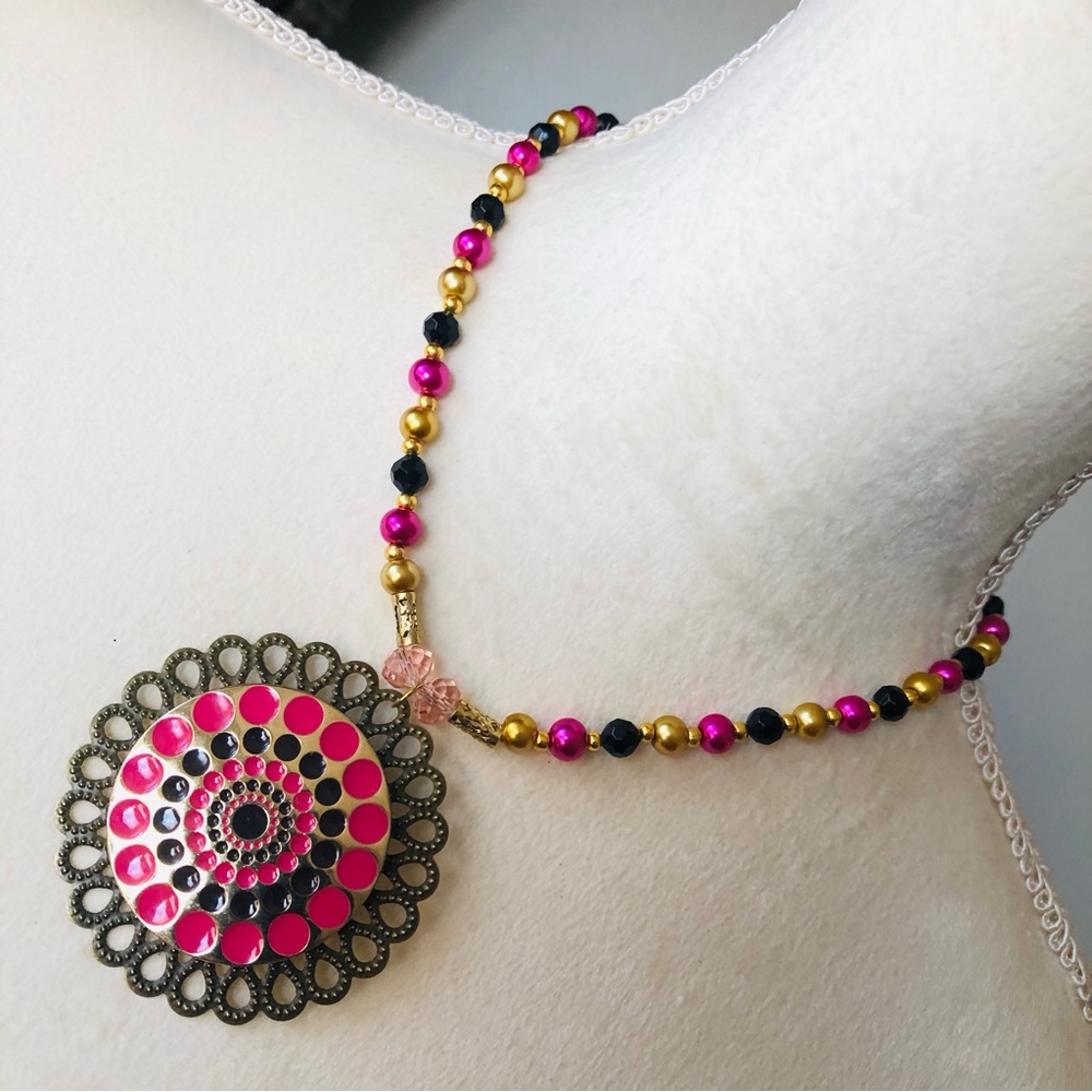 Handcrafted repurpose enamel medallion pendant Czech glass Pearl necklace